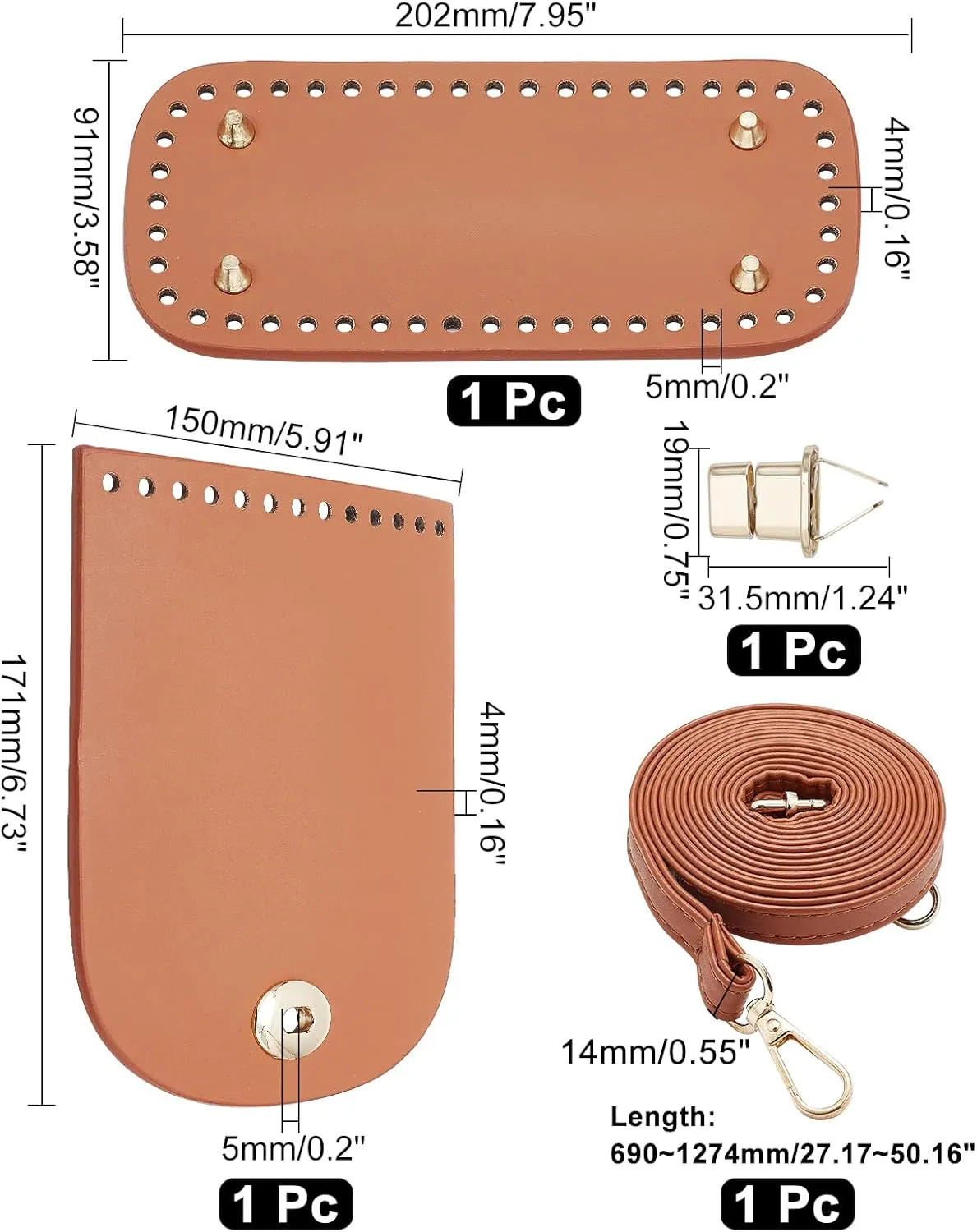 SUPERFINDINGS Leather Bag Making Kits Leather Bag Knitting Set DIY Handbag Bottom Shaper Pad with Holes Dark Brown Including 1PC PU Leather Bag Bottom, Arch,Shoulder Strap,Lock Clasp