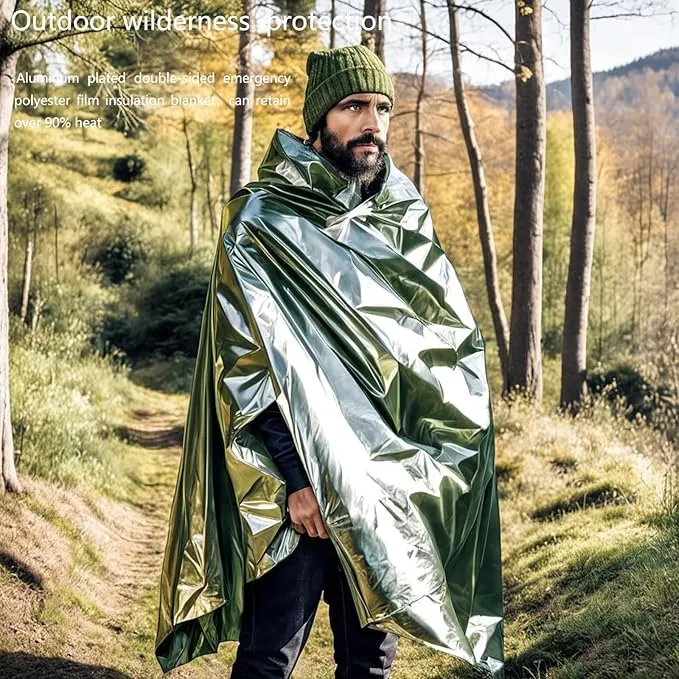 Survival Blanket Emergency Mylar Thermal Blankets, Portable Space Blankets Survival Camping Emergency Blankets. Suitability for Camping, Bug Out Bag, Survival, Hiking. (Green)