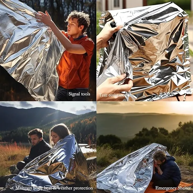 Survival Blanket Emergency Mylar Thermal Blankets, Portable Space Blankets Survival Camping Emergency Blankets. Suitability for Camping, Bug Out Bag, Survival, Hiking. (Orange & Green)