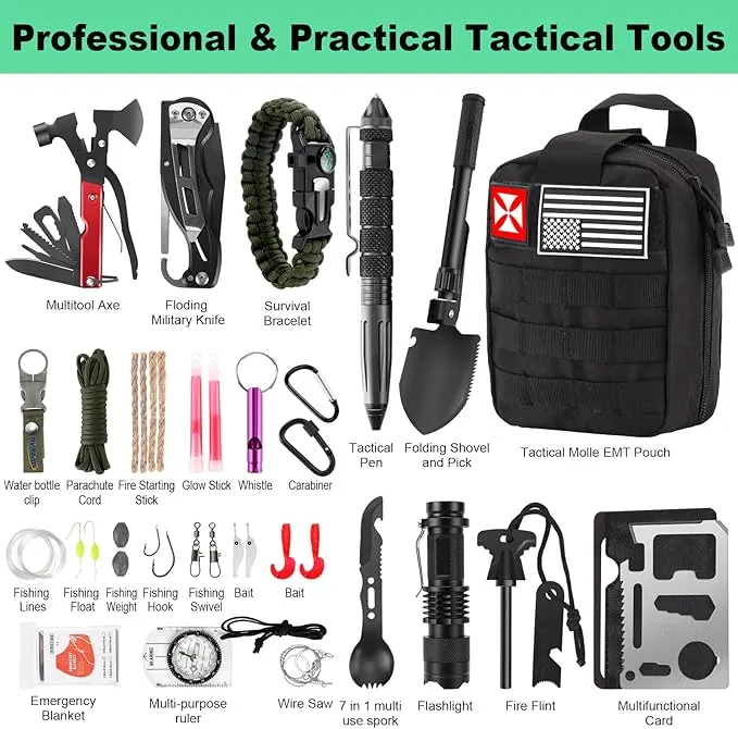Survival Kit, First Aid Kit Survival Gear Tools Trauma Kit with Molle Pouch for Outdoor, Camping, Hunting, Hiking, Earthquake, Home, Office, Gifts for Men Dad Husband Women (