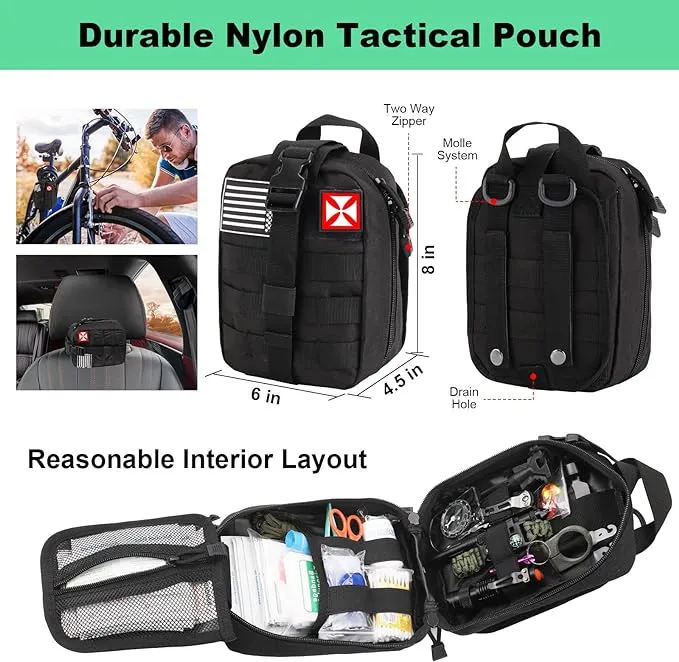 Survival Kit, First Aid Kit Survival Gear Tools Trauma Kit with Molle Pouch for Outdoor, Camping, Hunting, Hiking, Earthquake, Home, Office, Gifts for Men Dad Husband Women (