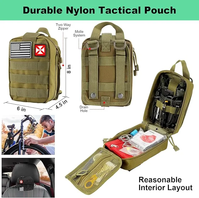Survival Kit, First Aid Kit Survival Gear Tools Trauma Kit with Molle Pouch for Outdoor, Camping, Hunting, Hiking, Earthquake, Home, Office, Gifts for Men Dad Husband Women (