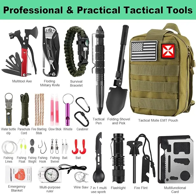 Survival Kit, First Aid Kit Survival Gear Tools Trauma Kit with Molle Pouch for Outdoor, Camping, Hunting, Hiking, Earthquake, Home, Office, Gifts for Men Dad Husband Women (