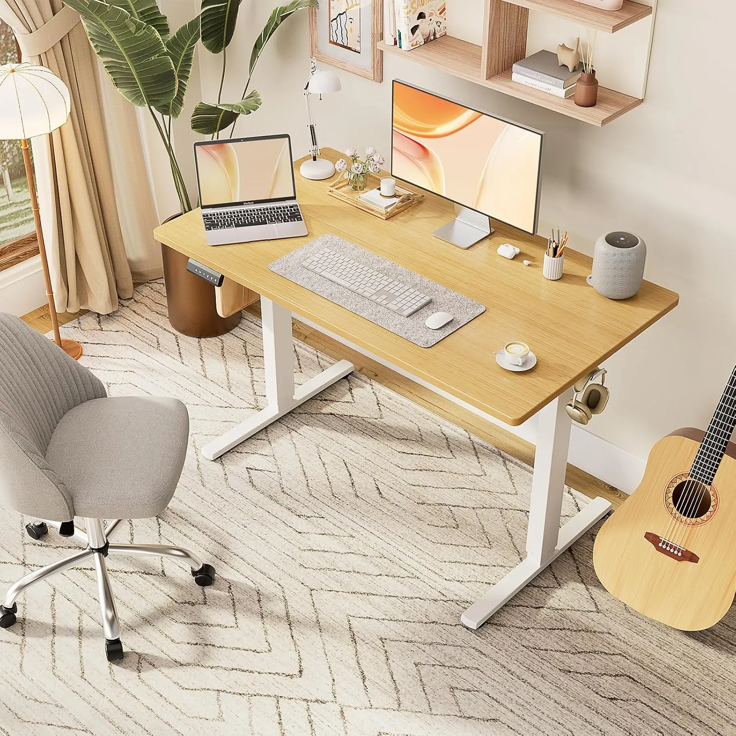 Sweetcrispy Electric Adjustable Height Standing Desk - 63 x 24 inch Sit to Stand Up Desk with Splice Board, Rising Home Office Computer Table with 2 Hook and Wire Hole for Work