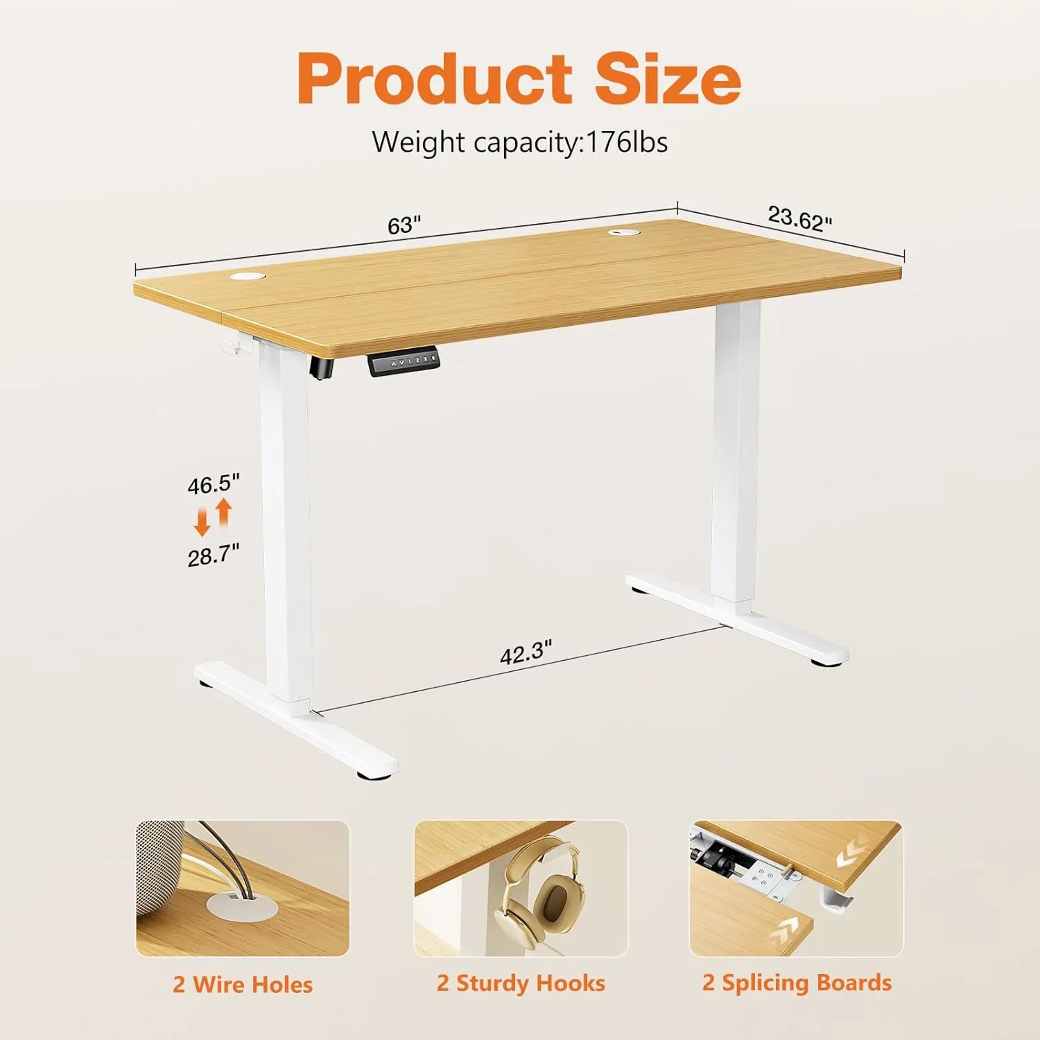 Sweetcrispy Electric Adjustable Height Standing Desk - 63 x 24 inch Sit to Stand Up Desk with Splice Board, Rising Home Office Computer Table with 2 Hook and Wire Hole for Work