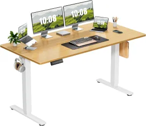 Sweetcrispy Electric Adjustable Height Standing Desk - 63 x 24 inch Sit to Stand Up Desk with Splice Board, Rising Home Office Computer Table with 2 Hook and Wire Hole for Work