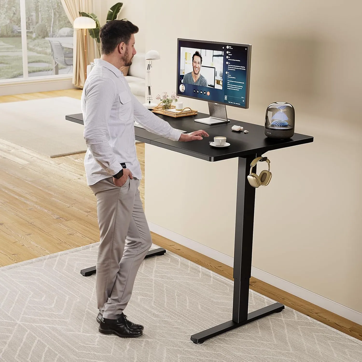 Sweetcrispy Standing Adjustable Height Desk, Electric 63 x 24 Inch Sit to Stand Up Rising Computer Gaming Table with 3 Memory Presets, Splice Board, T-Shaped Bracket Home Office Workstation, Black