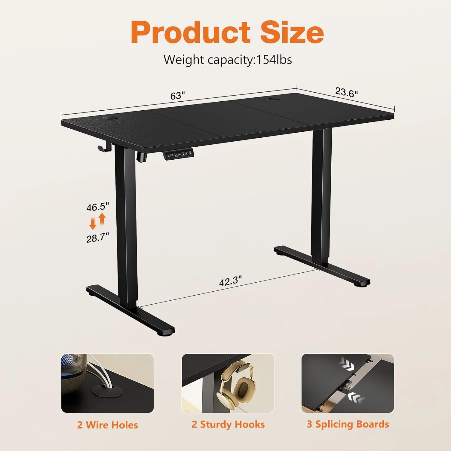 Sweetcrispy Standing Adjustable Height Desk, Electric 63 x 24 Inch Sit to Stand Up Rising Computer Gaming Table with 3 Memory Presets, Splice Board, T-Shaped Bracket Home Office Workstation, Black