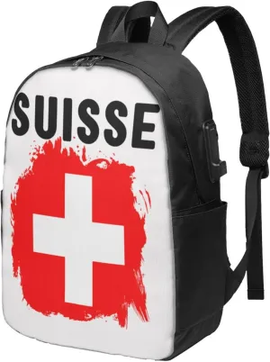 Switzerland Swiss Flag Laptop Backpacks Travel Backpack Casual Business Daypack Sport Rucksack Computer Bag Fits up to 17 Inch Notebook with USB Port