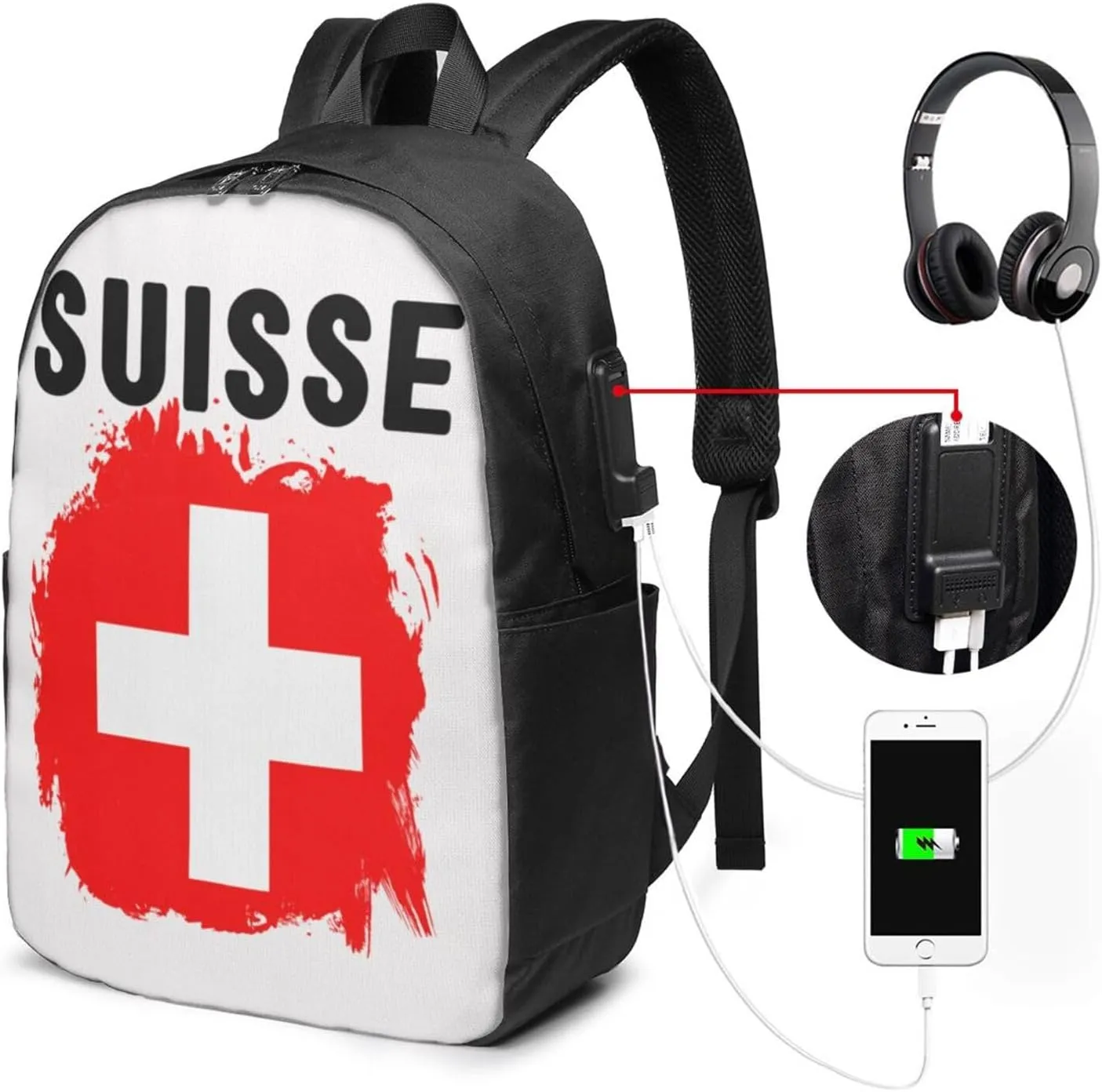 Switzerland Swiss Flag Laptop Backpacks Travel Backpack Casual Business Daypack Sport Rucksack Computer Bag Fits up to 17 Inch Notebook with USB Port