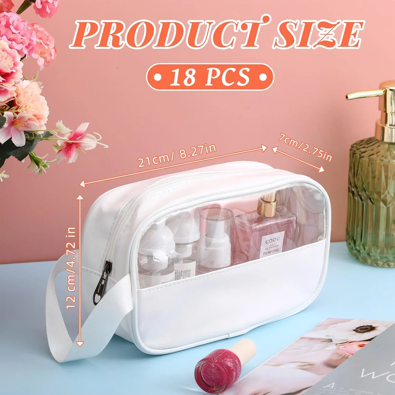 Tanlade 18 Pcs Clear Cosmetic Bags Bulk, Translucent Makeup Toiletry Bag for Women Waterproof Portable Cosmetic Bag Set Traveling Make up Organizer(White)