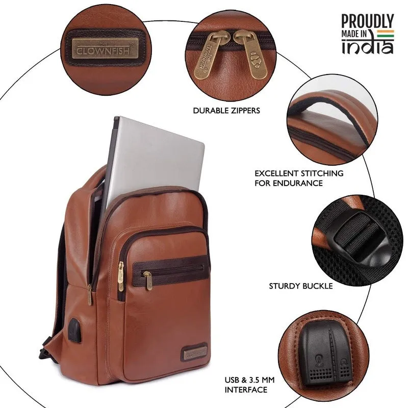 THE CLOWNFISH Ripcord Series Unisex Faux Leather 15.6 inch Laptop Backpack (Mud Brown)