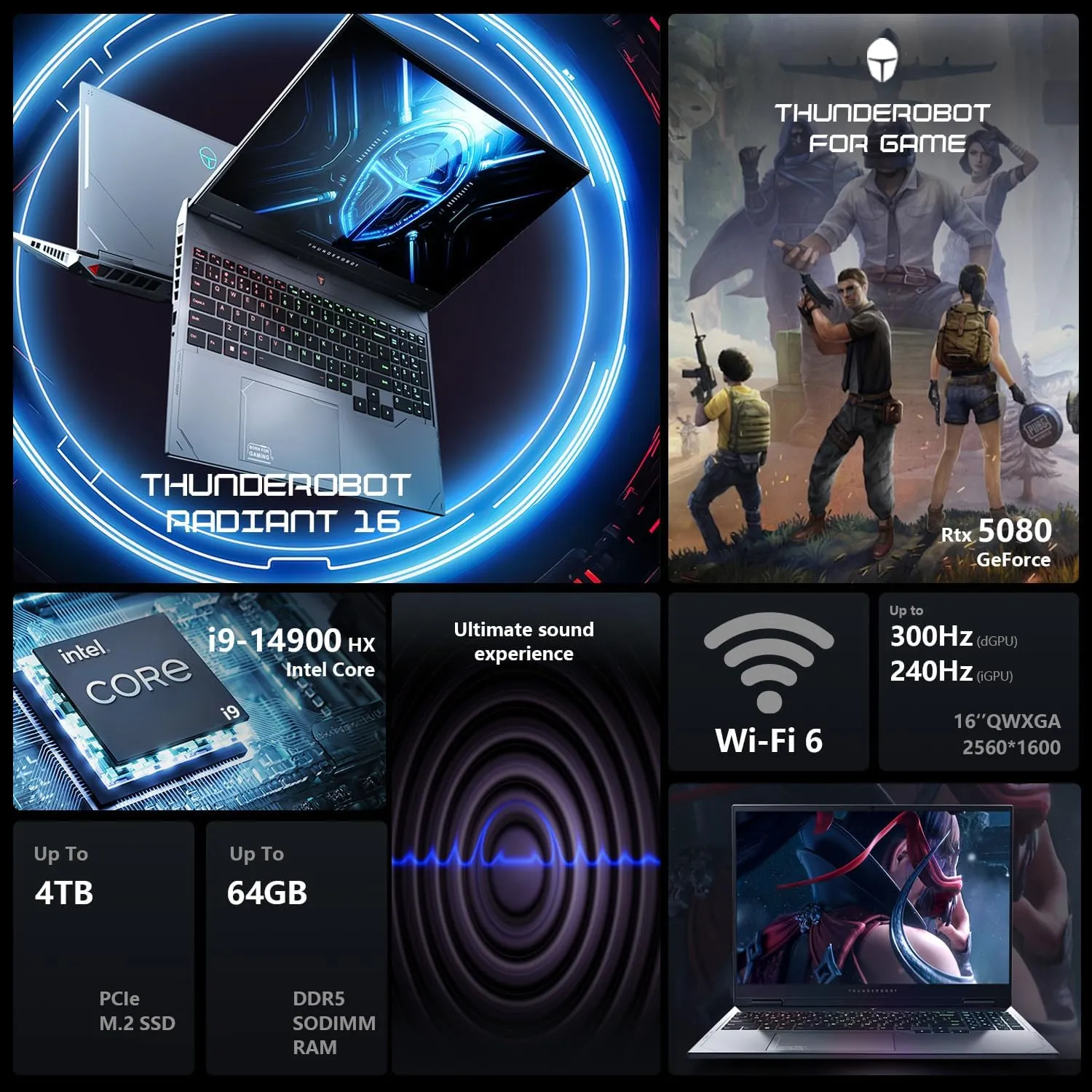 Thunderobot Radiant 16 i9 5080 2.5K Gaming Laptop, 16" WQXGA up to 300Hz Display, Intel Core i9-14900HX, GeForce RTX 5080, 32GB DDR5, 2TB SSD, RGB Backlit Keyboard, Wi-Fi 6, Windows 11 Home, Black