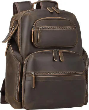 TIDING Full Grain Leather 16" Laptop Backpack For Men Large Travel Rucksack Camping Overnight Daypack