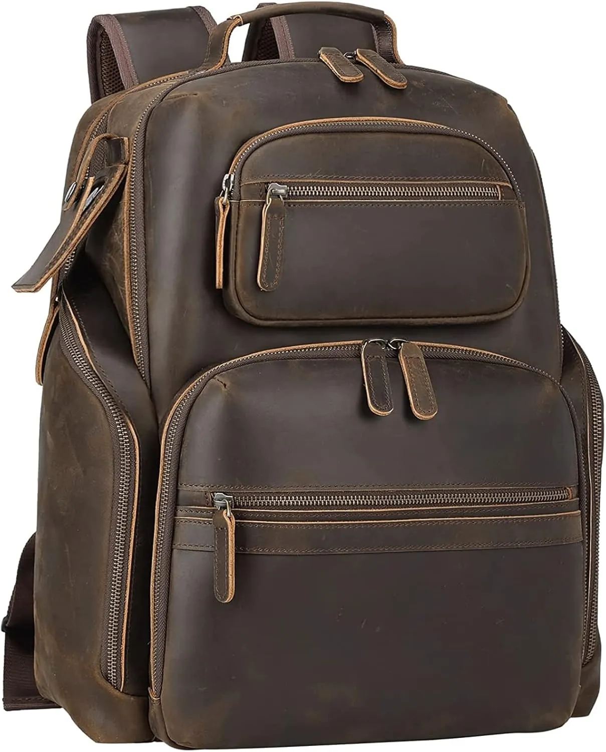 TIDING Full Grain Leather 16" Laptop Backpack For Men Large Travel Rucksack Camping Overnight Daypack