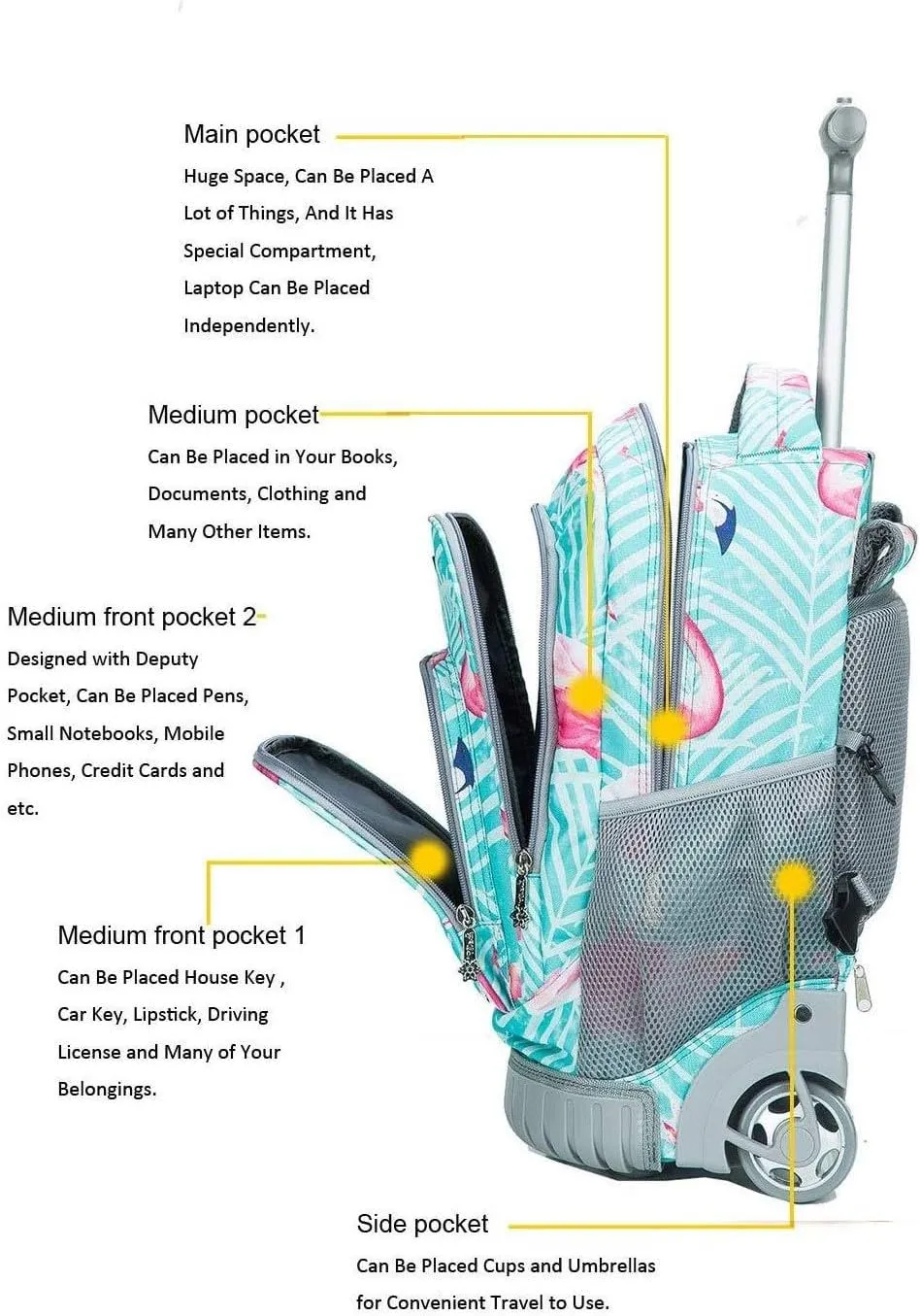 Tilami Kids Rolling Backpack 18 inch Boys and Girls Laptop Backpack, Flamingos