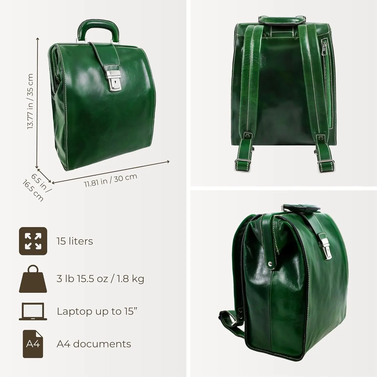 Time Resistance Leather Backpack for Men and Women - Business Rucksack Laptop Bag (Green)