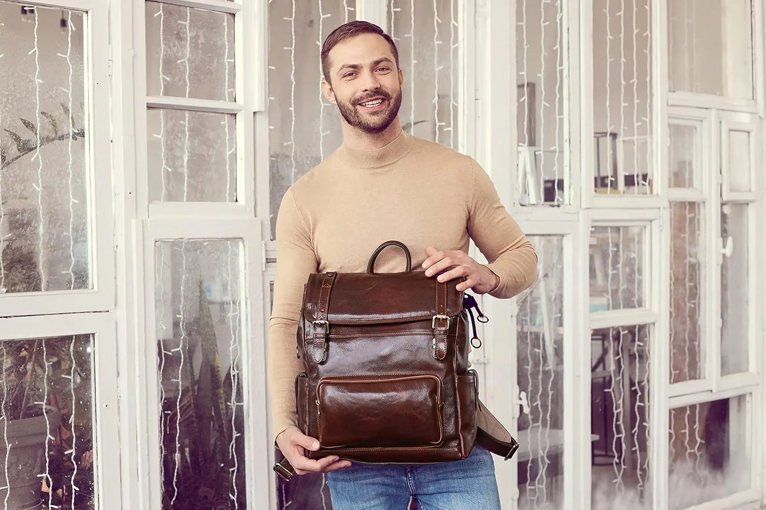 Time Resistance Leather Backpack - Full Grain Real Leather Travel Bag and Carry-On Rucksack (Brown)