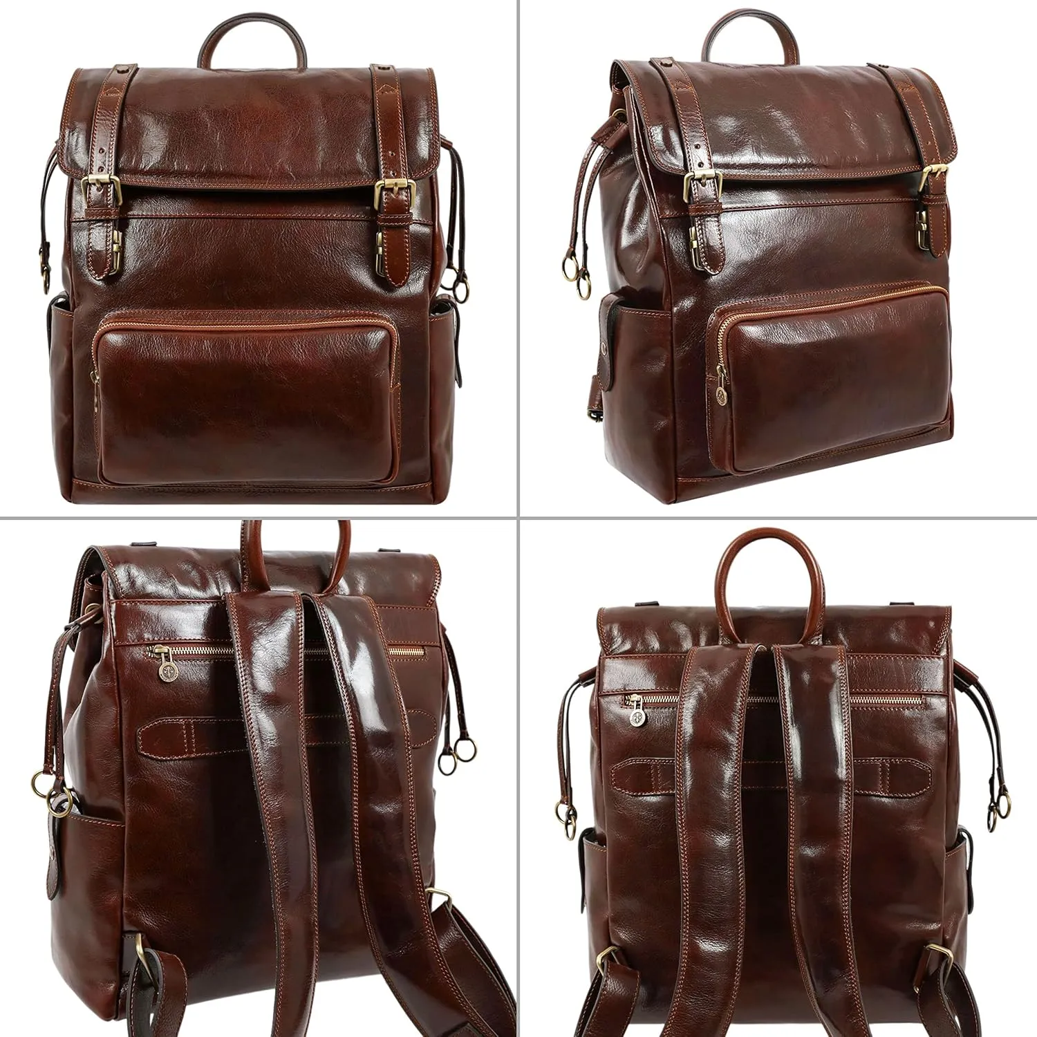 Time Resistance Leather Backpack - Full Grain Real Leather Travel Bag and Carry-On Rucksack (Brown)