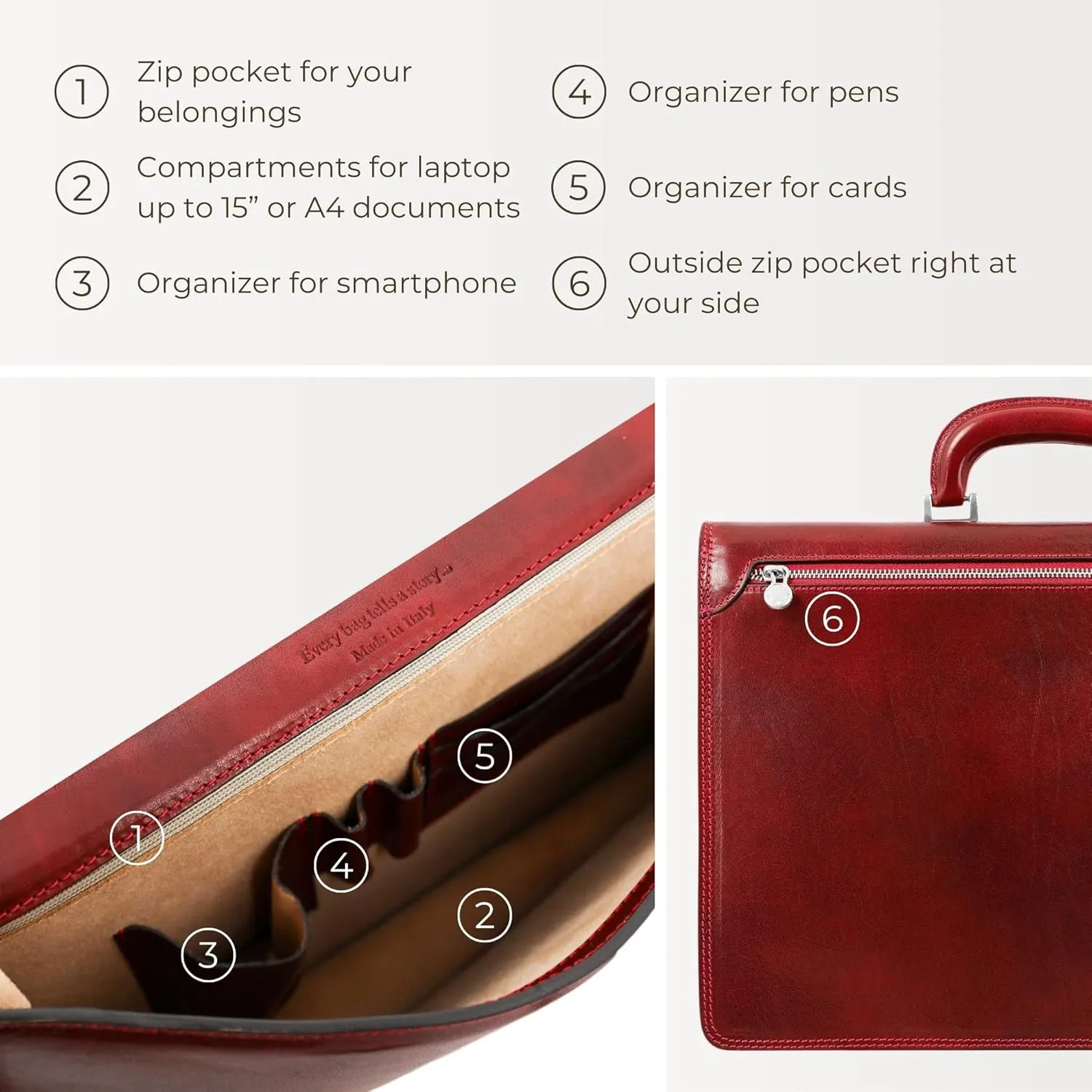 Time Resistance Leather Briefcase - Italian Handmade Leather Laptop Bag - Handbag for Men - Professional Computer Case