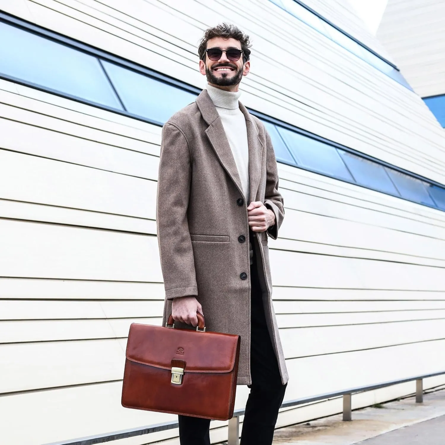 Time Resistance Leather Briefcase - Italian Handmade Leather Laptop Bag - Handbag for Men - Professional Computer Case