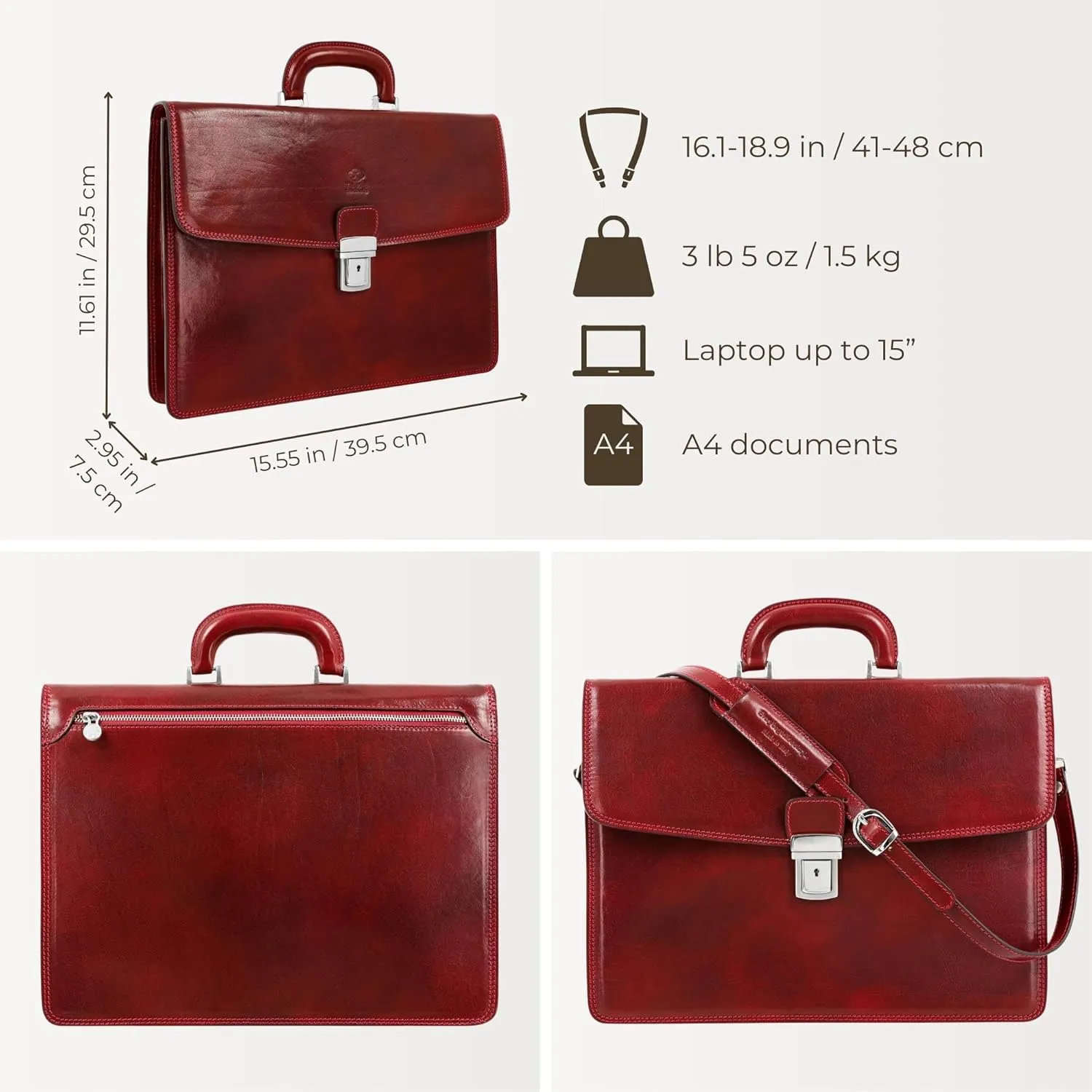 Time Resistance Leather Briefcase - Italian Handmade Leather Laptop Bag - Handbag for Men - Professional Computer Case