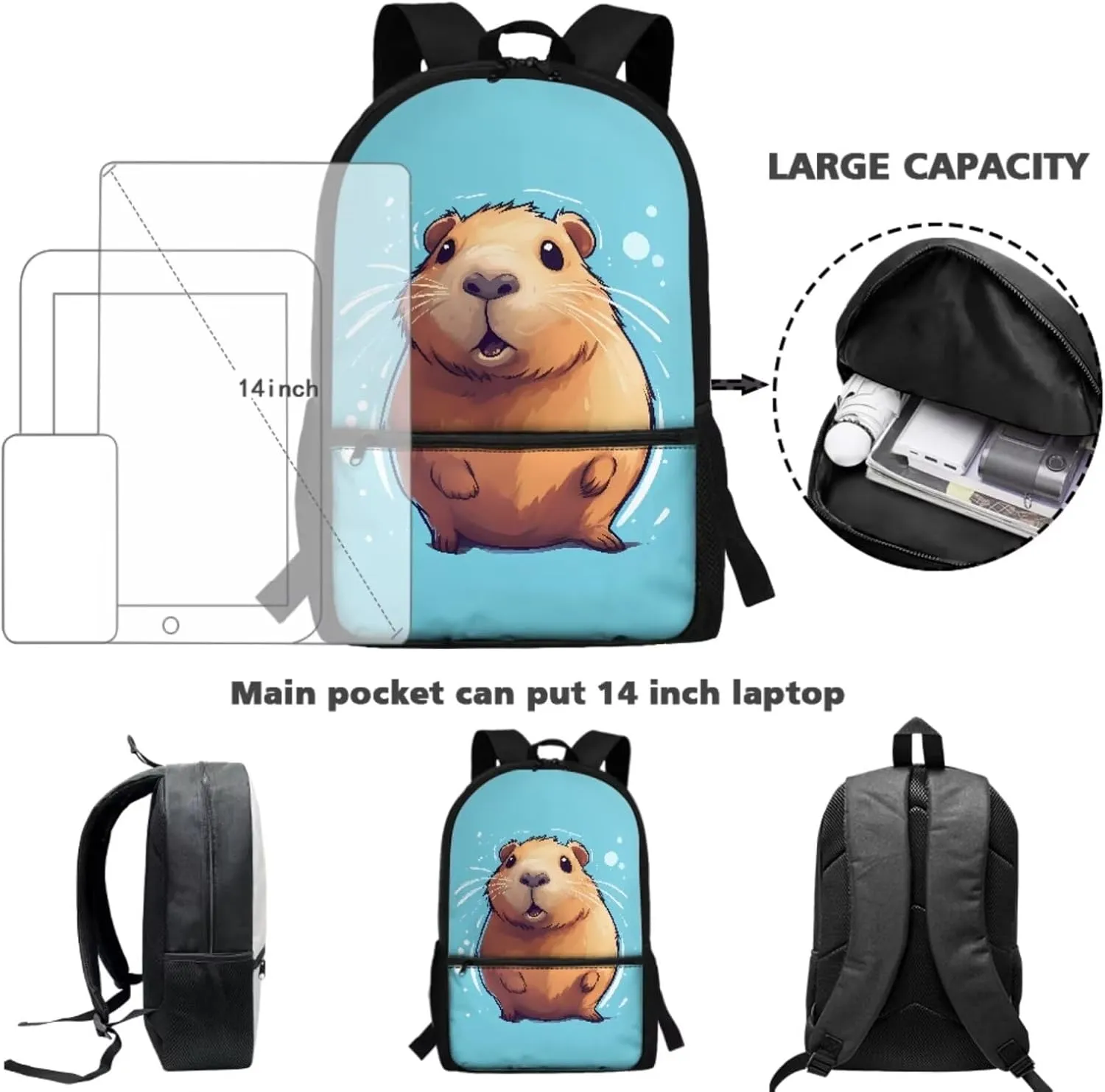 TOADDITDO Capybara Cute Backpacks for Girls 7-8 for School 3-in-1 Book Bag Set with Lunchbox Pencil Case Toddler Large School Bags Kindergarten Casual Daypack Travel Shoulder Bags Daycare Bag