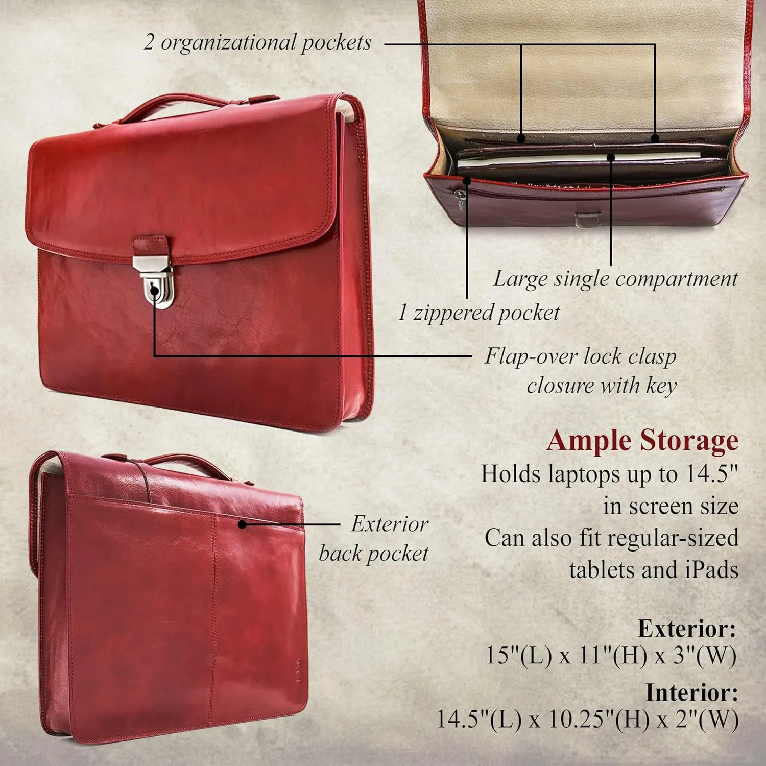 Tony Perotti Men's Alfero Italian Leather Professional Briefcase - Personalized Single-Compartment Hardcover Holds 14.5" Laptop - Eco-Friendly Vegetable-Tanned