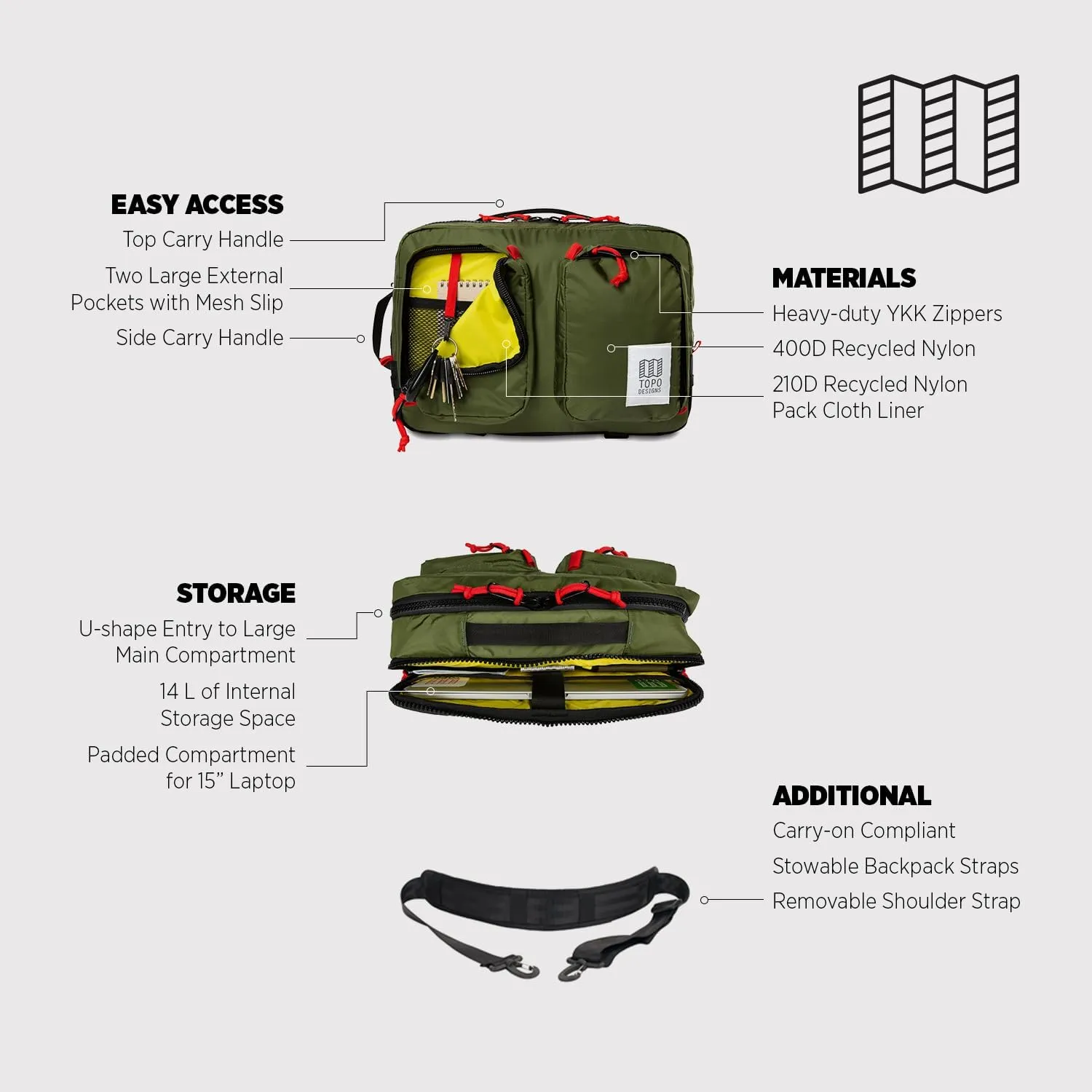 Topo Designs Global Briefcase - Bold Daily Carry Bag, Commuting Travel Pack with Oversized Zips, Signature Denver Style (Eco-Friendly/Dark Denim)
