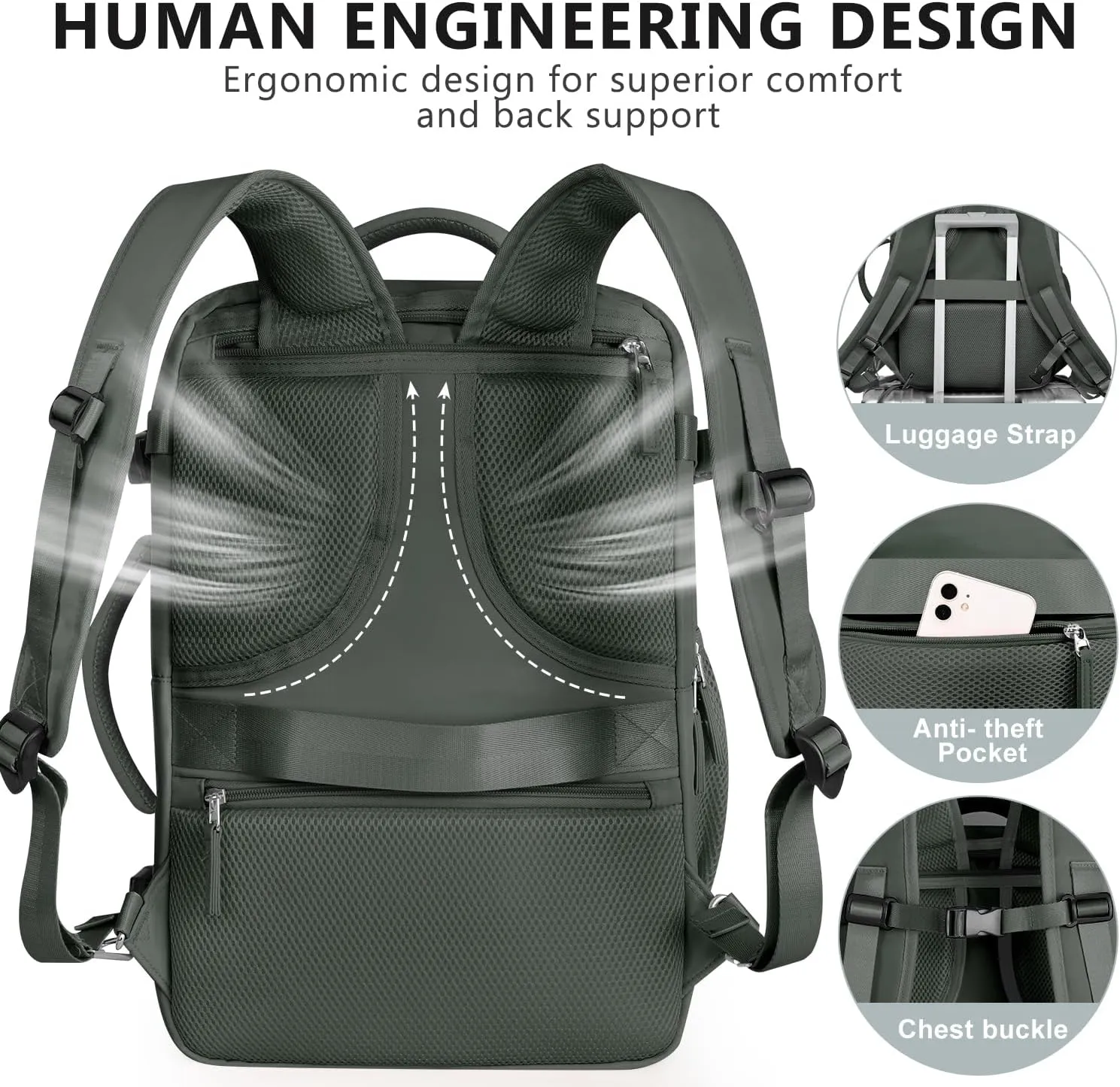 Travel Backpack for Women, Large Carry On Backpack for Travel, Waterproof Backpack Personal Item, Backpack for Women, laptop backpack 17.3 inch, College Bag Casual Daypack, Olive Green
