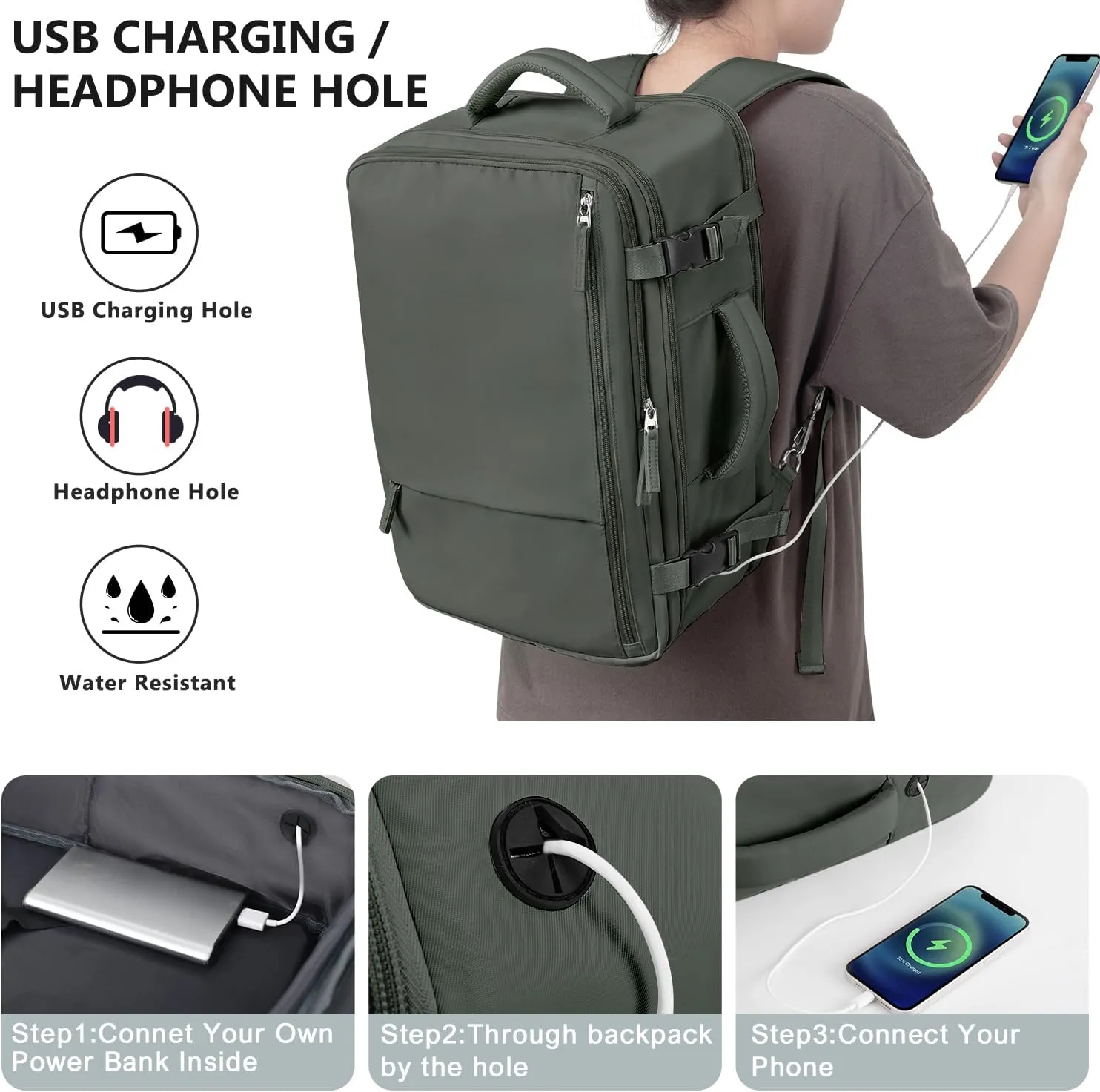 Travel Backpack for Women, Large Carry On Backpack for Travel, Waterproof Backpack Personal Item, Backpack for Women, laptop backpack 17.3 inch, College Bag Casual Daypack, Olive Green