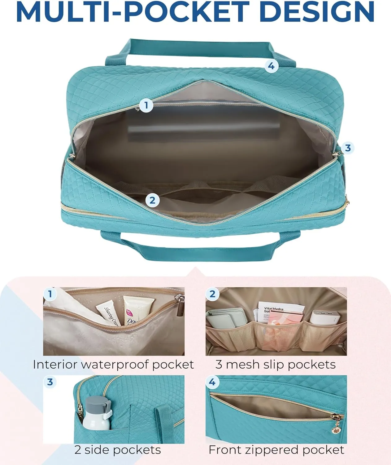 Travel Duffle Bag, BAGSMART 31L Quilted Weekender Overnight Bag for Women with Laptop Compartment, Large Carry On Airport Bag with Wet Pocket & Shoe Bag for Business Trips, Sports (Lake Blue)