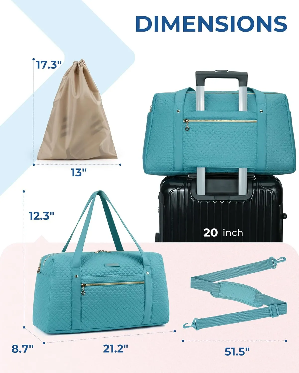 Travel Duffle Bag, BAGSMART 31L Quilted Weekender Overnight Bag for Women with Laptop Compartment, Large Carry On Airport Bag with Wet Pocket & Shoe Bag for Business Trips, Sports (Lake Blue)