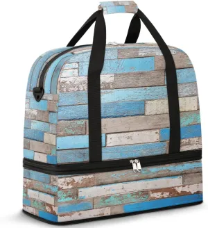 Travel Duffle Bags With Shoes Compartment for Women Men Vintage Beach Wood Plank Lightweigh Sports Tote Gym Bag Foldable Canvas Weekender Overnight Carry On Luggage Handle Bag