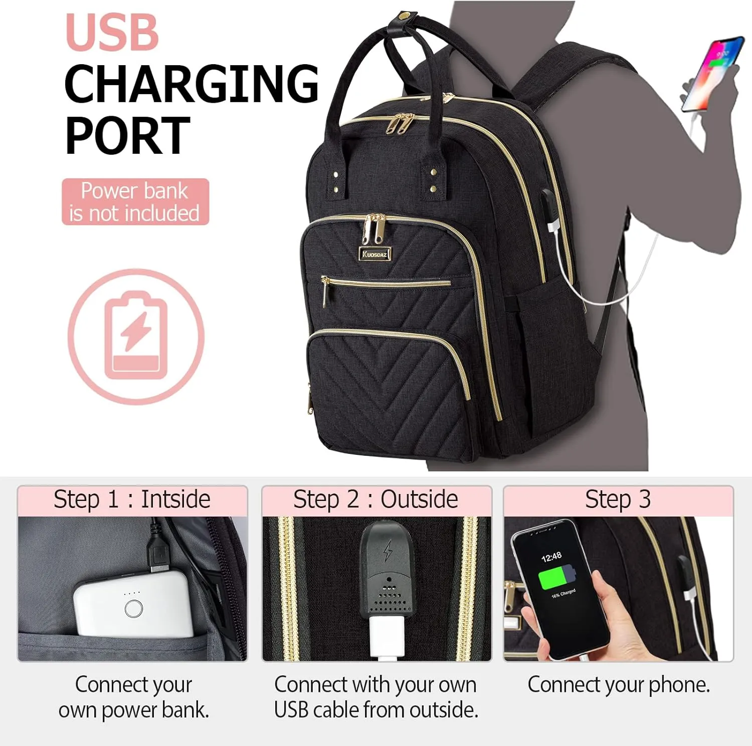 Travel Laptop Backpack for Women, School Backpack for Teens, 15.6 Inch Work Laptop Bag with USB Port Charging, Water Resistant College School Bookbags for Girls, Black