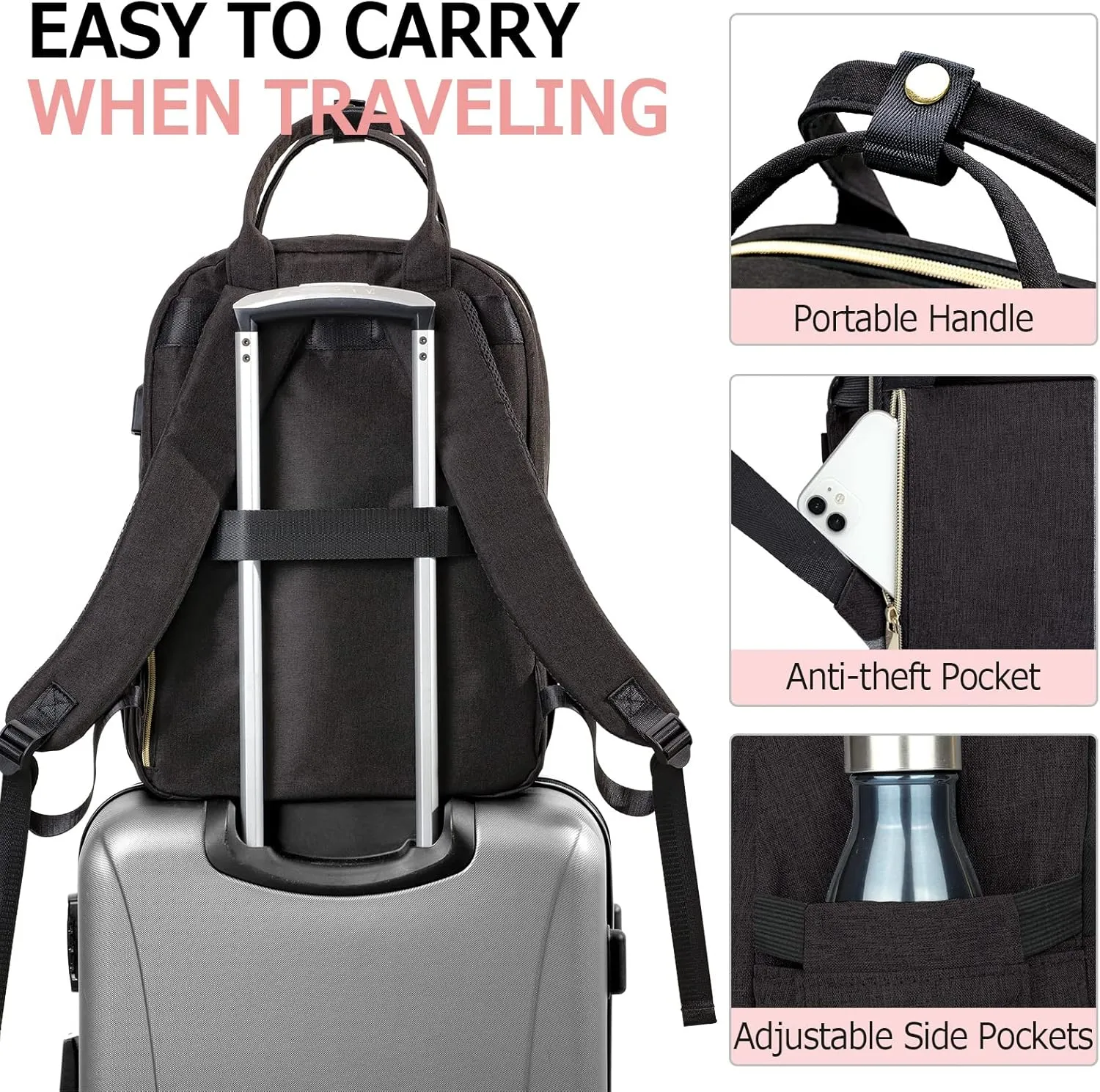 Travel Laptop Backpack for Women, School Backpack for Teens, 15.6 Inch Work Laptop Bag with USB Port Charging, Water Resistant College School Bookbags for Girls, Black
