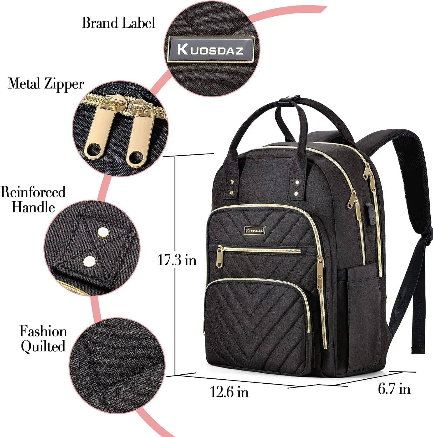 Travel Laptop Backpack for Women, School Backpack for Teens, 15.6 Inch Work Laptop Bag with USB Port Charging, Water Resistant College School Bookbags for Girls, Black