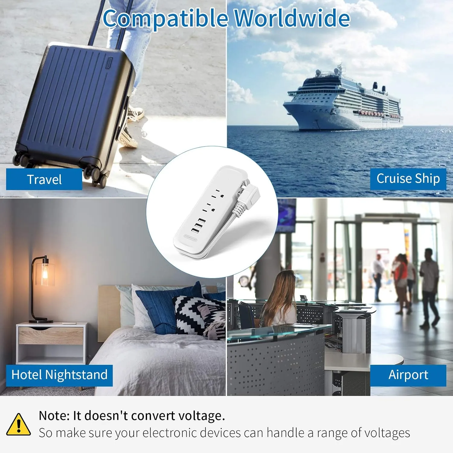 Travel Power Strip with USB - NTONPOWER 2 Outlets 3 USB Portable Desktop Charging Station, 15 inches Wrapped Short Extension Cord for Hotels, Cruise, Nightstand, Airports, Conference Room - White