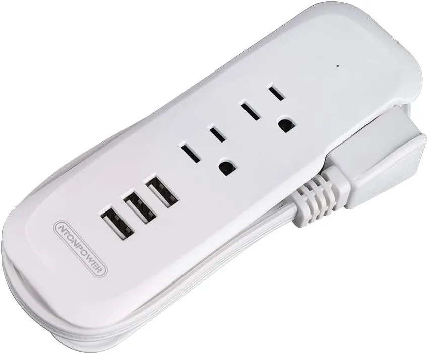 Travel Power Strip with USB - NTONPOWER 2 Outlets 3 USB Portable Desktop Charging Station, 15 inches Wrapped Short Extension Cord for Hotels, Cruise, Nightstand, Airports, Conference Room - White