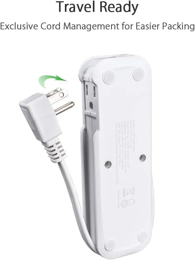 Travel Power Strip with USB - NTONPOWER 2 Outlets 3 USB Portable Desktop Charging Station, 15 inches Wrapped Short Extension Cord for Hotels, Cruise, Nightstand, Airports, Conference Room - White