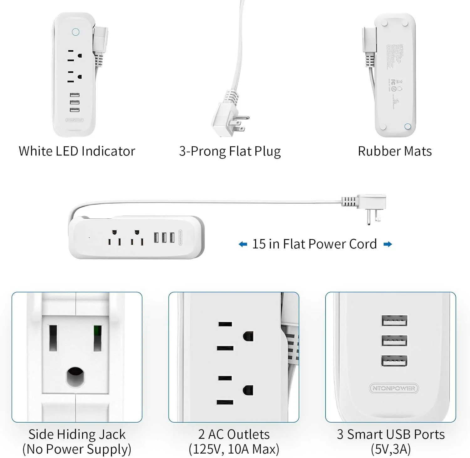 Travel Power Strip with USB - NTONPOWER 2 Outlets 3 USB Portable Desktop Charging Station, 15 inches Wrapped Short Extension Cord for Hotels, Cruise, Nightstand, Airports, Conference Room - White