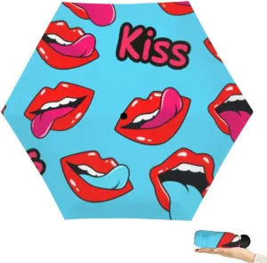 Travel Umbrella for Rain Windproof Watercolor pink lips mouth allover print Air kiss Kiss an an Cute Portable Compact Mini Umbrella for Women Purse Backpack Car Black Sun UV Protection