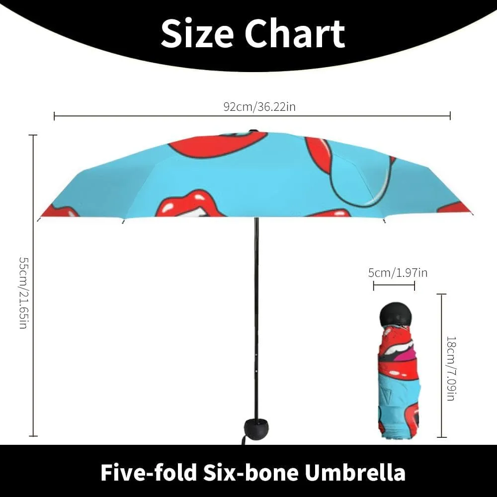 Travel Umbrella for Rain Windproof Watercolor pink lips mouth allover print Air kiss Kiss an an Cute Portable Compact Mini Umbrella for Women Purse Backpack Car Black Sun UV Protection