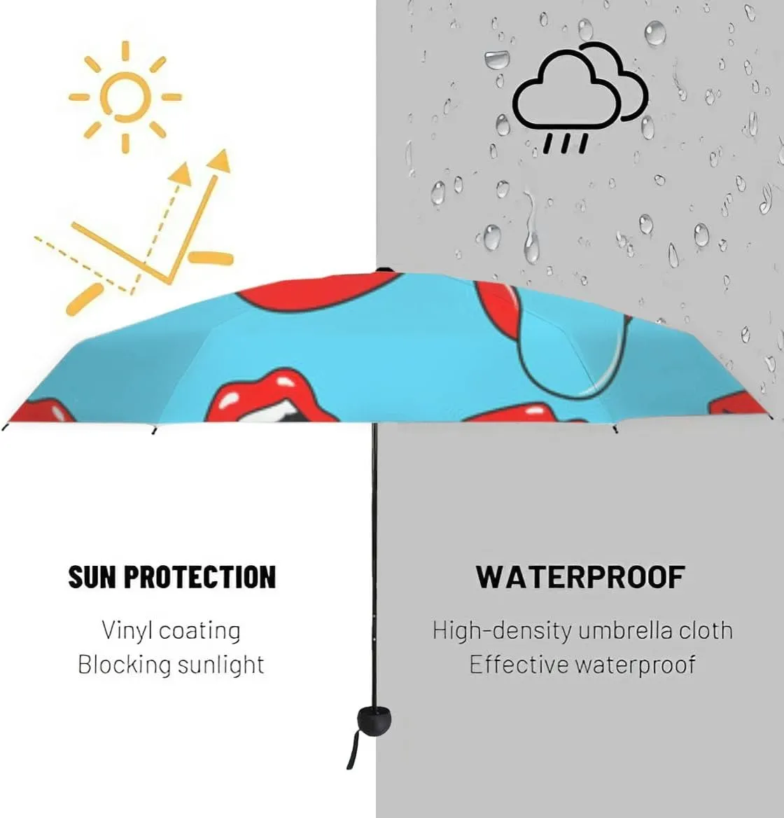 Travel Umbrella for Rain Windproof Watercolor pink lips mouth allover print Air kiss Kiss an an Cute Portable Compact Mini Umbrella for Women Purse Backpack Car Black Sun UV Protection
