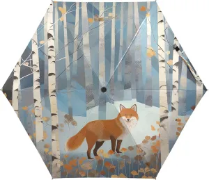 Travel Umbrella Windproof Folding Umbrella Compact, Umbrellas for Backpacks/Handbags, Sun, Fox Birch Forest