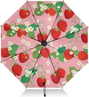 Travel Umbrella Windproof Uv Umbrella Compact, Umbrellas for Backpacks/Handbags, Rain, Wind and Sun, Cute Red Strawberries Pink