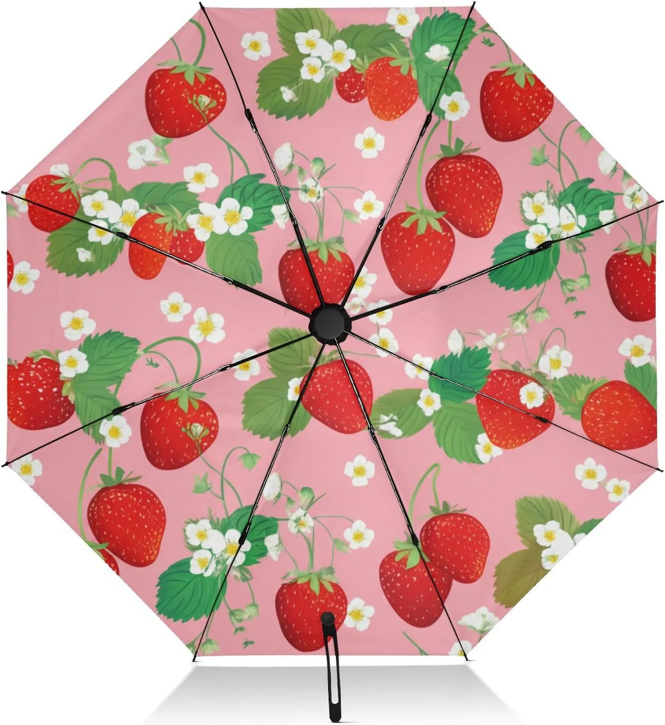 Travel Umbrella Windproof Uv Umbrella Compact, Umbrellas for Backpacks/Handbags, Rain, Wind and Sun, Cute Red Strawberries Pink