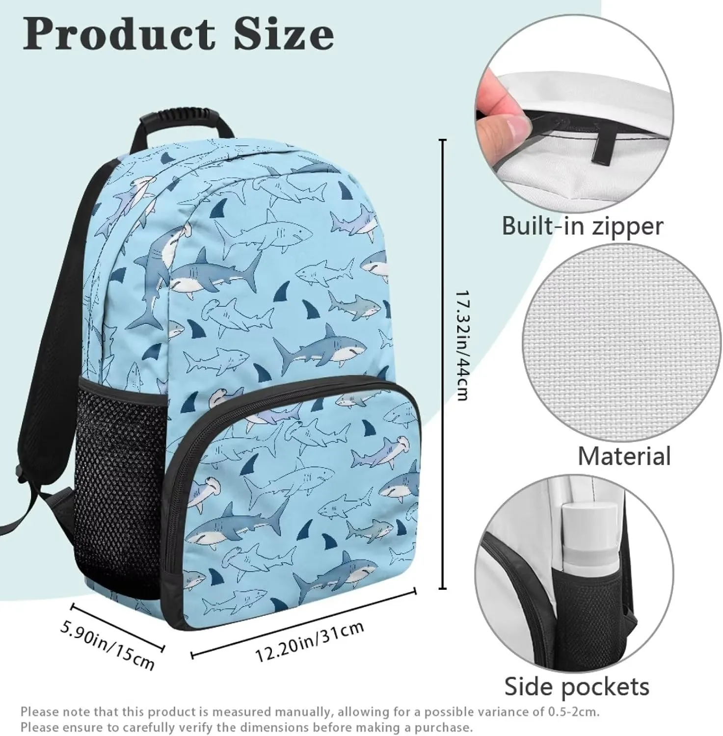 Trendy All-Over Print Laptop Backpack for Girls & Boys - Cartoon Shark Pattern Print Durable Polyester School Bagpack with Two Mesh Side Pockets, Padded Shoulder Straps (17.3x12.2x5.9in)