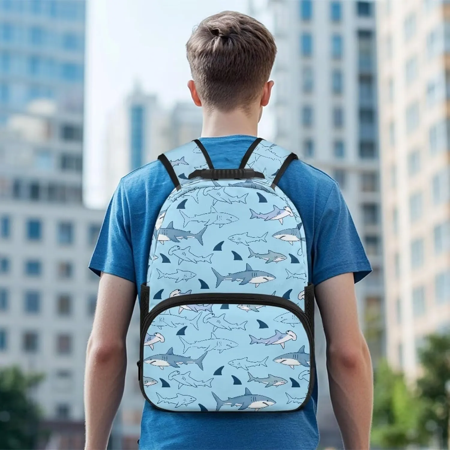 Trendy All-Over Print Laptop Backpack for Girls & Boys - Cartoon Shark Pattern Print Durable Polyester School Bagpack with Two Mesh Side Pockets, Padded Shoulder Straps (17.3x12.2x5.9in)