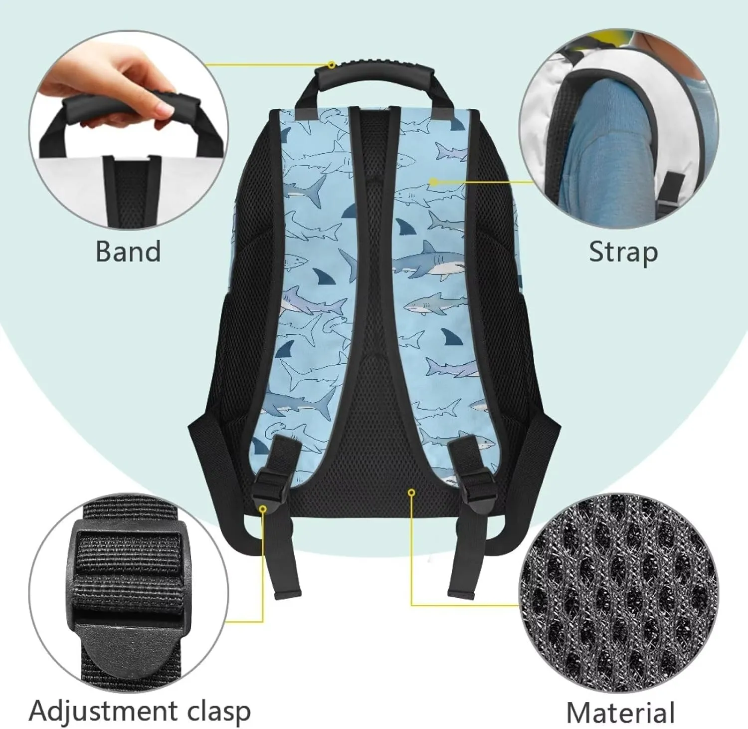 Trendy All-Over Print Laptop Backpack for Girls & Boys - Cartoon Shark Pattern Print Durable Polyester School Bagpack with Two Mesh Side Pockets, Padded Shoulder Straps (17.3x12.2x5.9in)